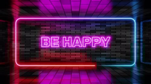 Animated Neon Sign: Be Happy Text with Dynamic Light Effects