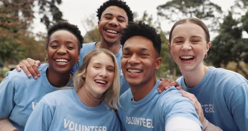 Happy, volunteer and selfie of people in park for charity event, community service or support