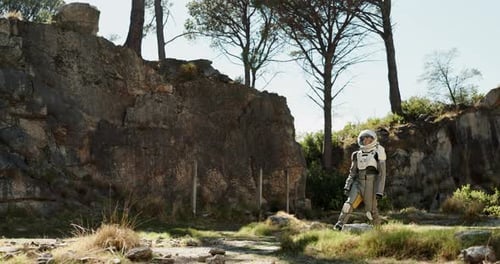 Planet, travel and astronaut walking in nature to explore abandoned world, planet and universe
