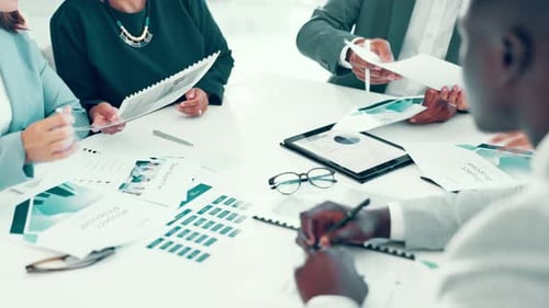 Documents, tablet and hands of business people in office with planning for company budget