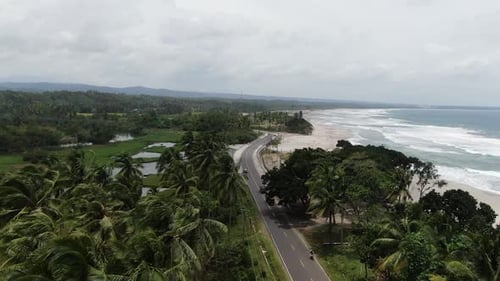 beautiful roadside beach with housing and coconut trees on a sunny day aerial view, Krui Beachside