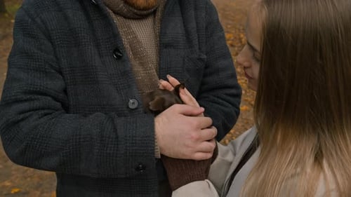 Young Woman Petting Dog Resting in Hands of Man during Walk in Autumn Forest