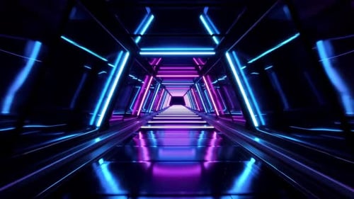 Cyberpunk Neon Tunnel with Glowing Blue and Purple Lights