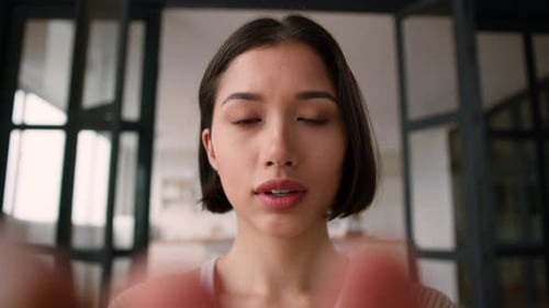 Webcam Point of View POV Hispanic Woman Smile Gen z User Girl Influencer Female Fingers Typing on