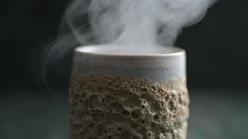 Nahaufnahme von viel fließendem Rauch (Dampf) über einem Keramikglas