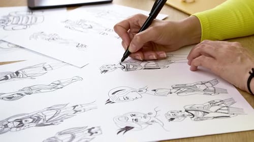 Woman Sketching Fashion Illustrations on Paper