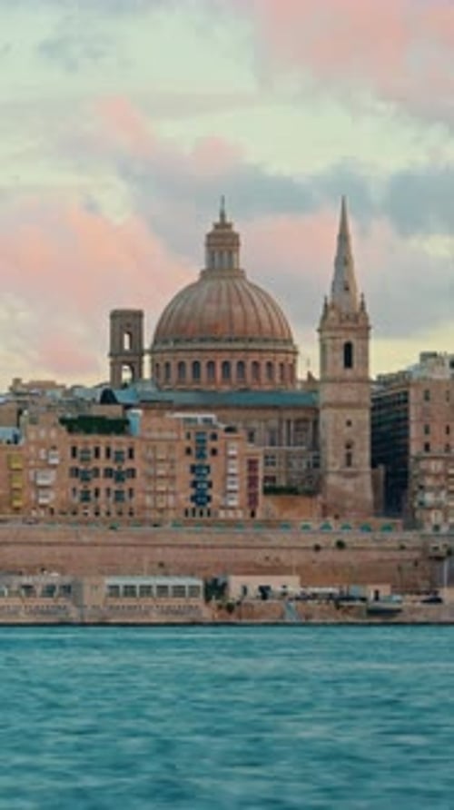 View of Valletta's of Capital City of Malta at Sunny Day Marsamxett Harbour with the View on