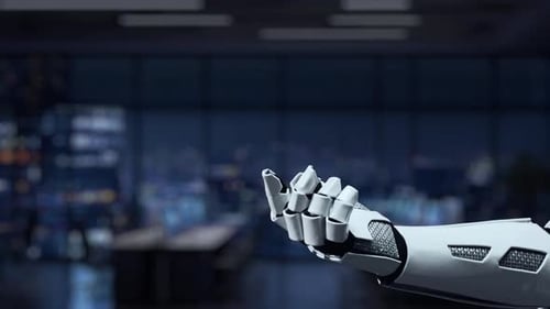 Robot Arm Displaying Artificial Intelligence Hologram in Office