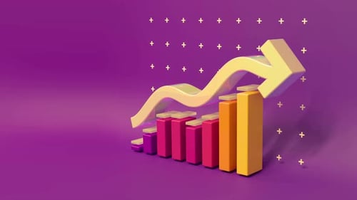 Vibrant 3D bar chart with rising arrow on purple background