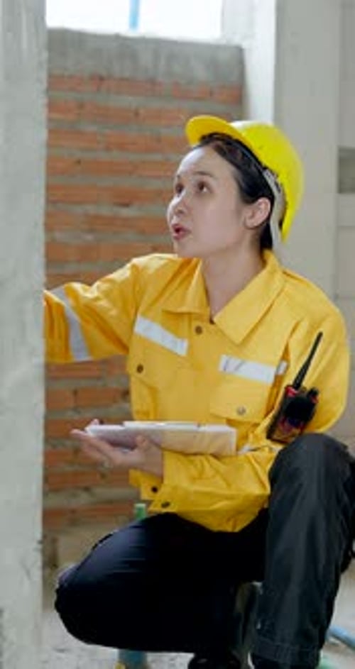 Asian woman engineer kneels and points at interior wall while reviewing clipboard report, guiding