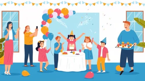 Animated Birthday Party Celebration with Family and Confetti