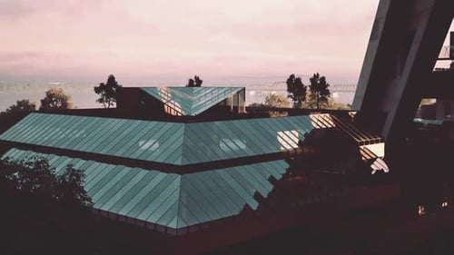 Diseño arquitectónico moderno con techos angulares cerca de un río tranquilo