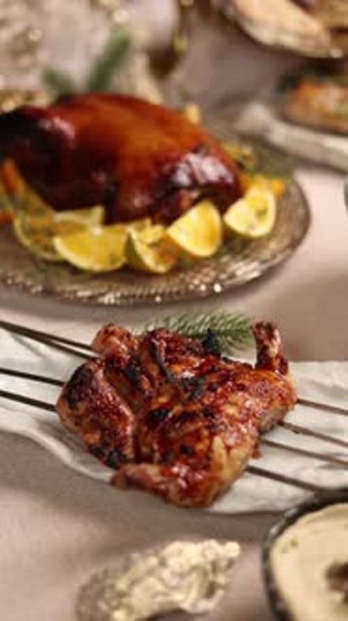 Cooked Roasted Chicken On Decorated Table At Home
