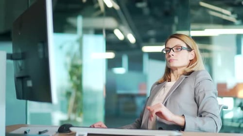 Successful well done work woman office satisfied young business worker finished computer work