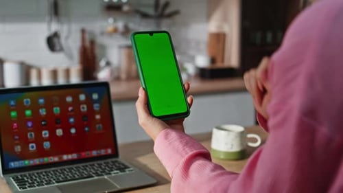 Unknown Girl Touching Mockup Cellphone Desk Closeup Woman Tapping Green Screen
