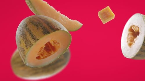 Tranches de melon volant et de melons sur fond rose fuchsia