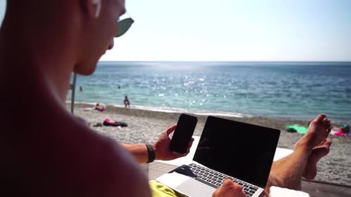 Man Laptop Sea Working Remotely on Seashore Happy Successful Man Male Freelancer Working on Laptop