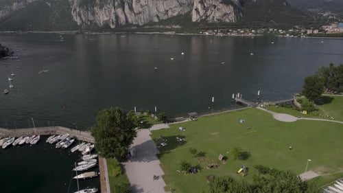 Aerial view of the coastline of Lake Como near Lecco, Italy.