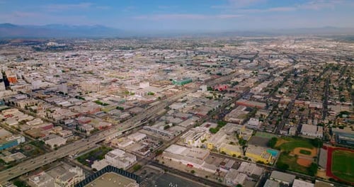Many low buildings in the dense architecture of Los Angeles, California, USA.