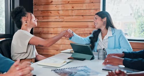 Business people, handshake and group applause for promotion, celebrate or congratulations