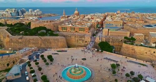 Aerial View of the Capital City of Malta at Sunset Main Entrance and the Entire Island Valletta