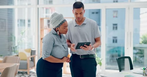 Data analysis, startup or business people with tablet for social media content post