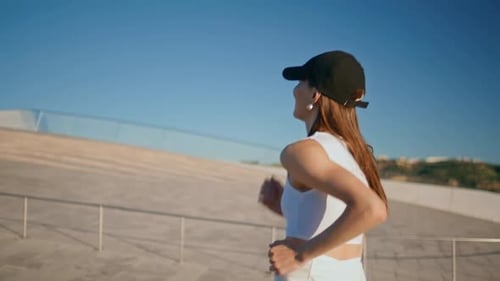 Smiling Brunette Running Summer Street Enjoying Physical Activity Closeup