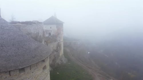 Aerial View of KamianetsPodilskyi Castle in Ukraine Under the Mist
