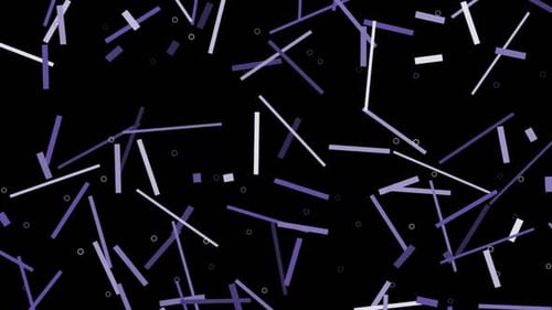 Animation of purple and white lines and circles flying on black background