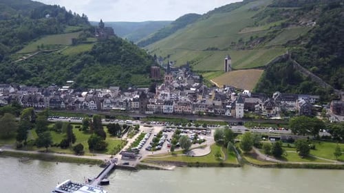 Bacharach foothill village and riverside town in middle Rhine valley, Germany. Aerial