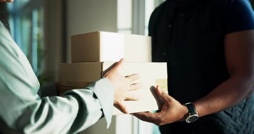 Hands, courier and client with boxes at front door, service or shipping for online shopping order