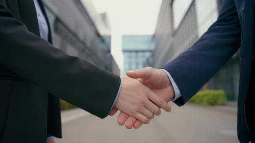 Formal Greeting Business Handshake City Outdoors Urban Office Building Close Up Hands Man Woman