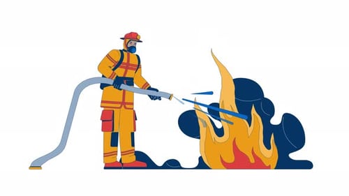 Feuerwehrmann löscht großes Feuer, Zeichentrickanimation