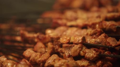 Juicy Meat Cooking on Metal Skewers