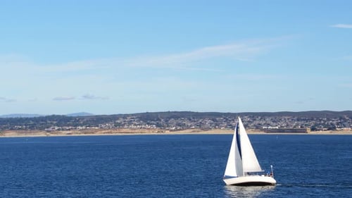 Sailboat sailing across monterey bay California on a beautiful sunny day by drone