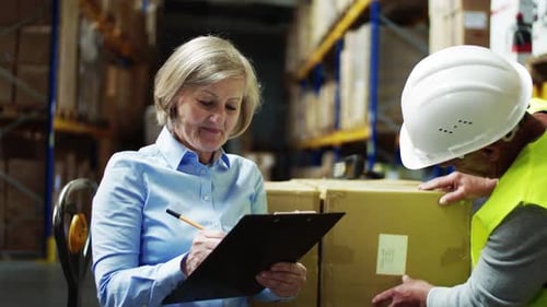 Senior Woman Manager and Man Worker Working in a Warehouse