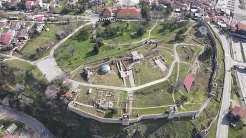 Aerial shot Skopje drone flight over the old historic castle
