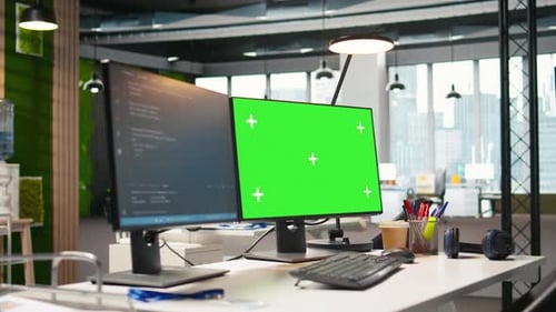 Pantalla de computadora de pantalla verde en una oficina de inicio moderna que muestra fragmentos de código