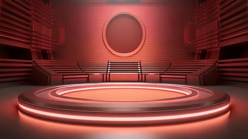Futuristic Red Virtual Studio Stage with Glowing Neon Lights