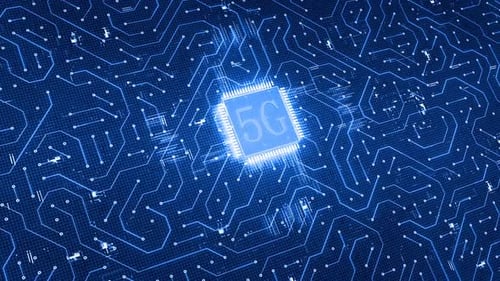 Futuristic 5G Processor Animation on Digital Circuit Board