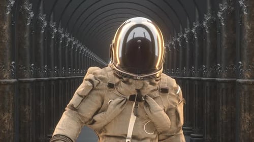 Futuristic Astronaut Walking in a Dark Sci-Fi Corridor