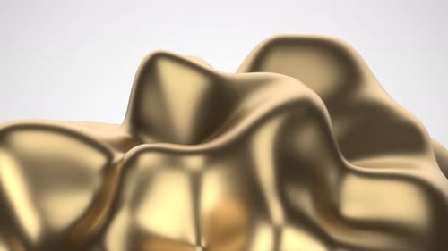Moving shiny golden abstract fluid organic shape object on white and grey background. Animation loop