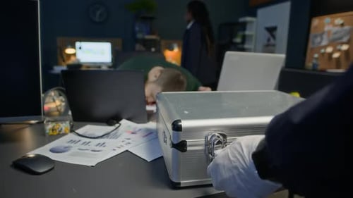 Forensic Expert Preparing to Collect Evidence at Murder Scene in Office