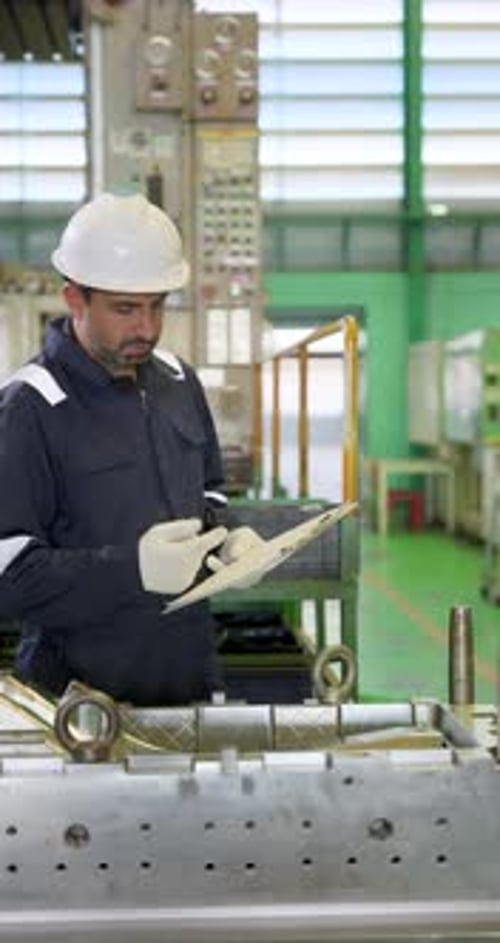 Un technicien masculin adulte portant un casque de sécurité blanc vérifie le bloc-notes à côté de la table à moule en métal, passant en revue