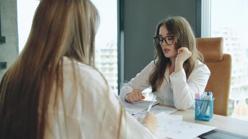 Business Meeting Between Two Professionals Discussing Projects at a Modern Office in the Afternoon