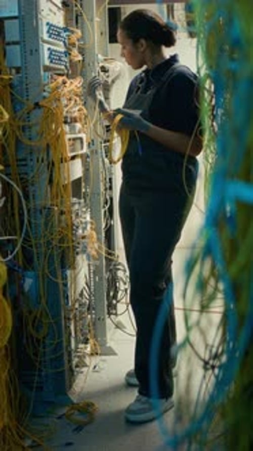 Female Network Engineer Working on Server Cables