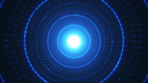 Abstract glowing blue tunnel made of moving dots and light rings