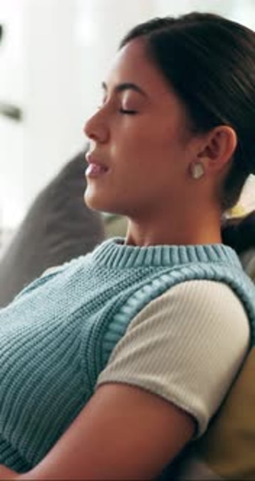 Tired, thinking and girl with stress on sofa for college loan, scholarship risk or mental health