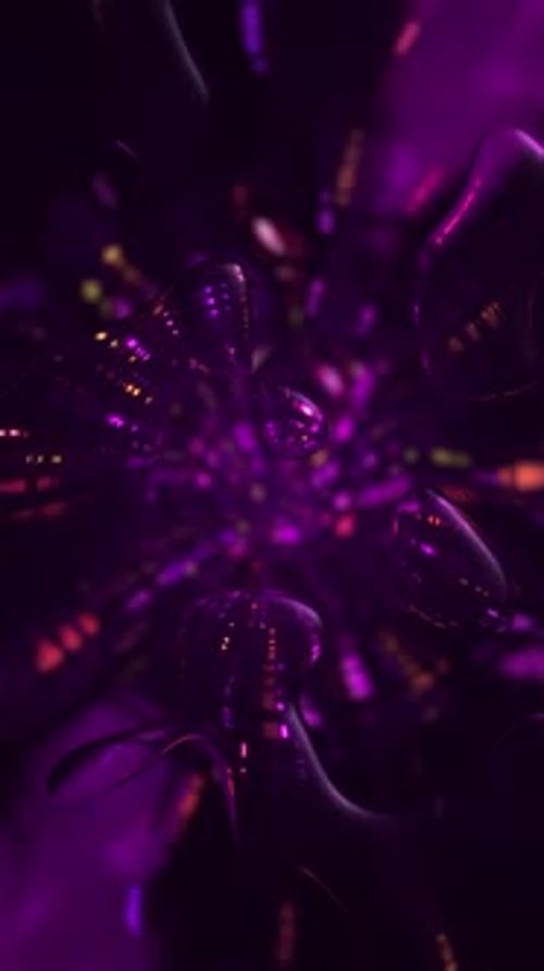 Vertical Futuristic Purple Metallic Abstract Liquid Tunnel with Neon Lights