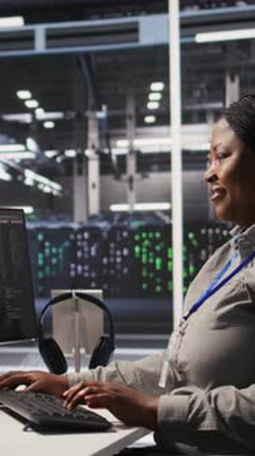 Vertical Video Data Center Programmer Coding on PC Doing Software Updates for AI Systems